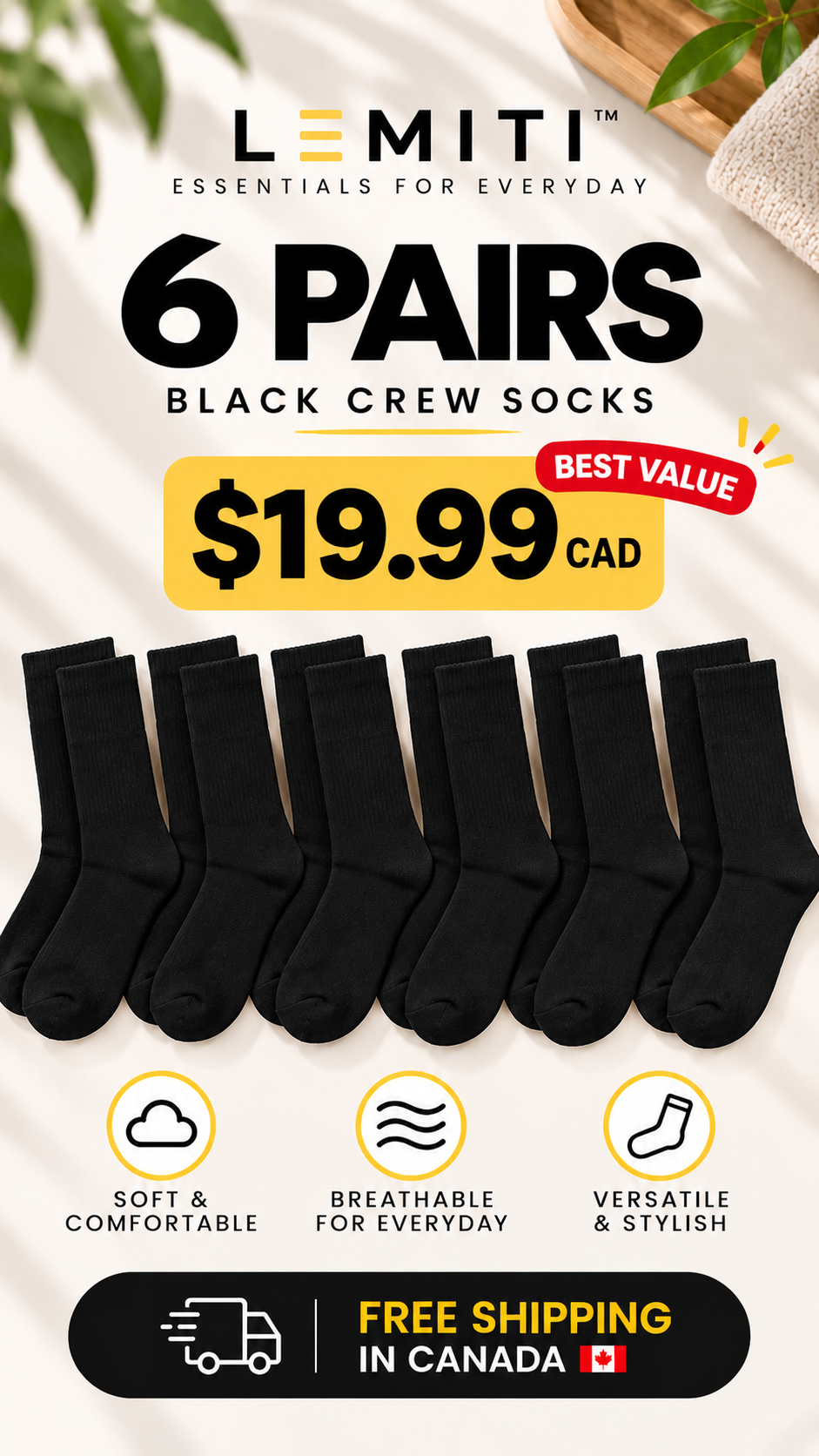 Lemiti Black Crew Socks (Everyday Comfort)