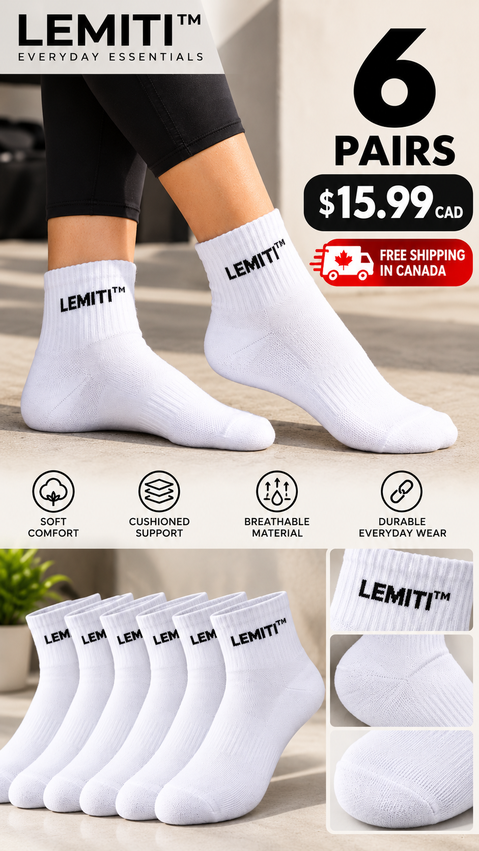 LEMITI™ Women's White Quarter Socks – 6 Pairs