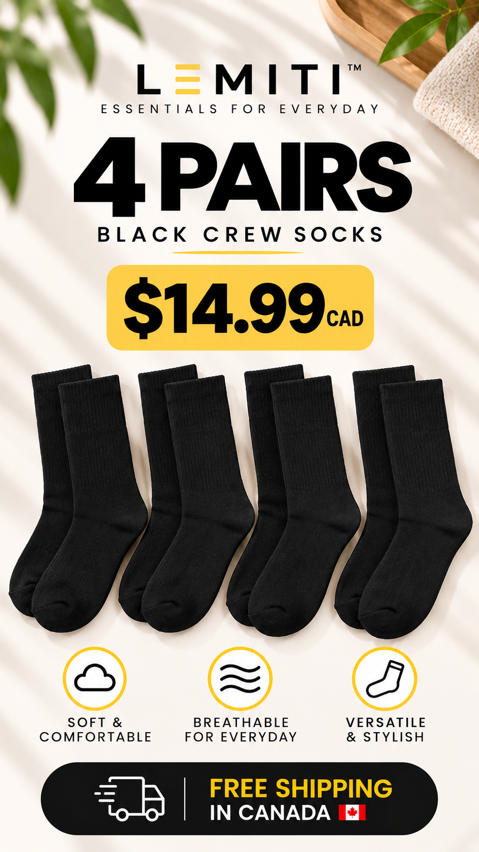 Lemiti Black Crew Socks (Everyday Comfort)